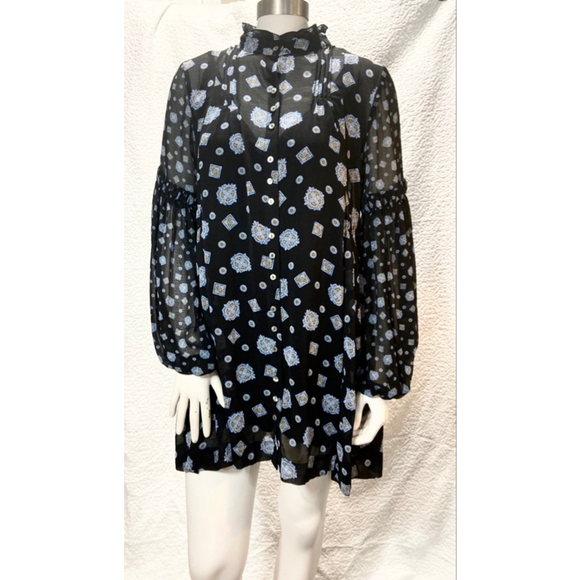 Free People Turn Turn Black Blue Medallion Boho Mini Dress Ruffle Mock Neck XS - Picture 2 of 13